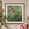 Girl in Meadow Art Print, Green Landscape Wall Art, Woman in Field Painting, Pastoral Spring Print, Feminine Square Wall Decor