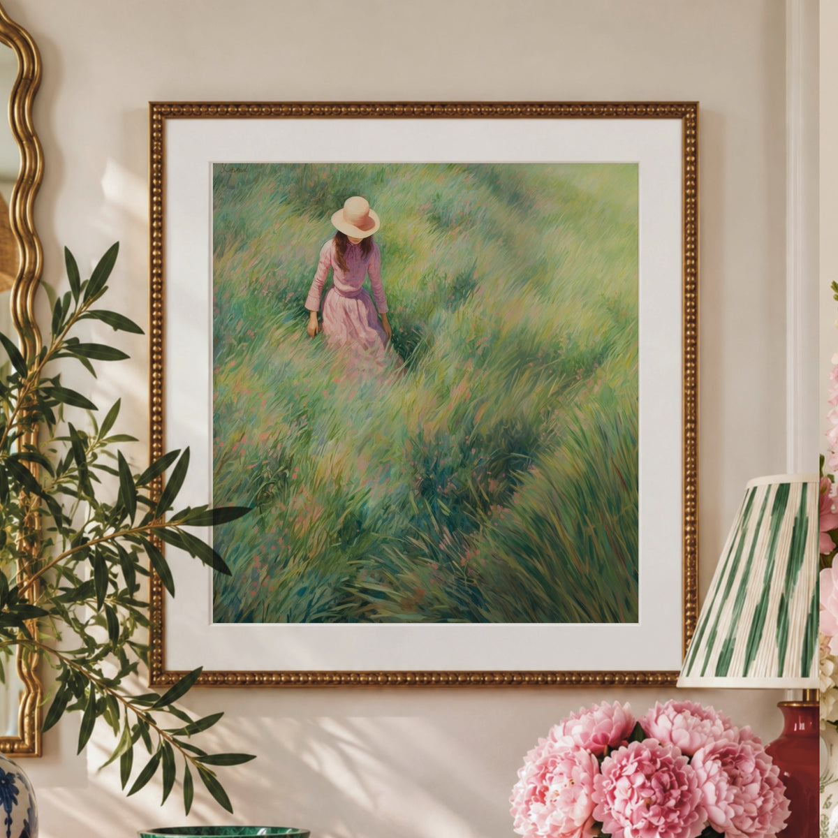 Girl in Meadow Art Print, Green Landscape Wall Art, Woman in Field Painting, Pastoral Spring Print, Feminine Square Wall Decor