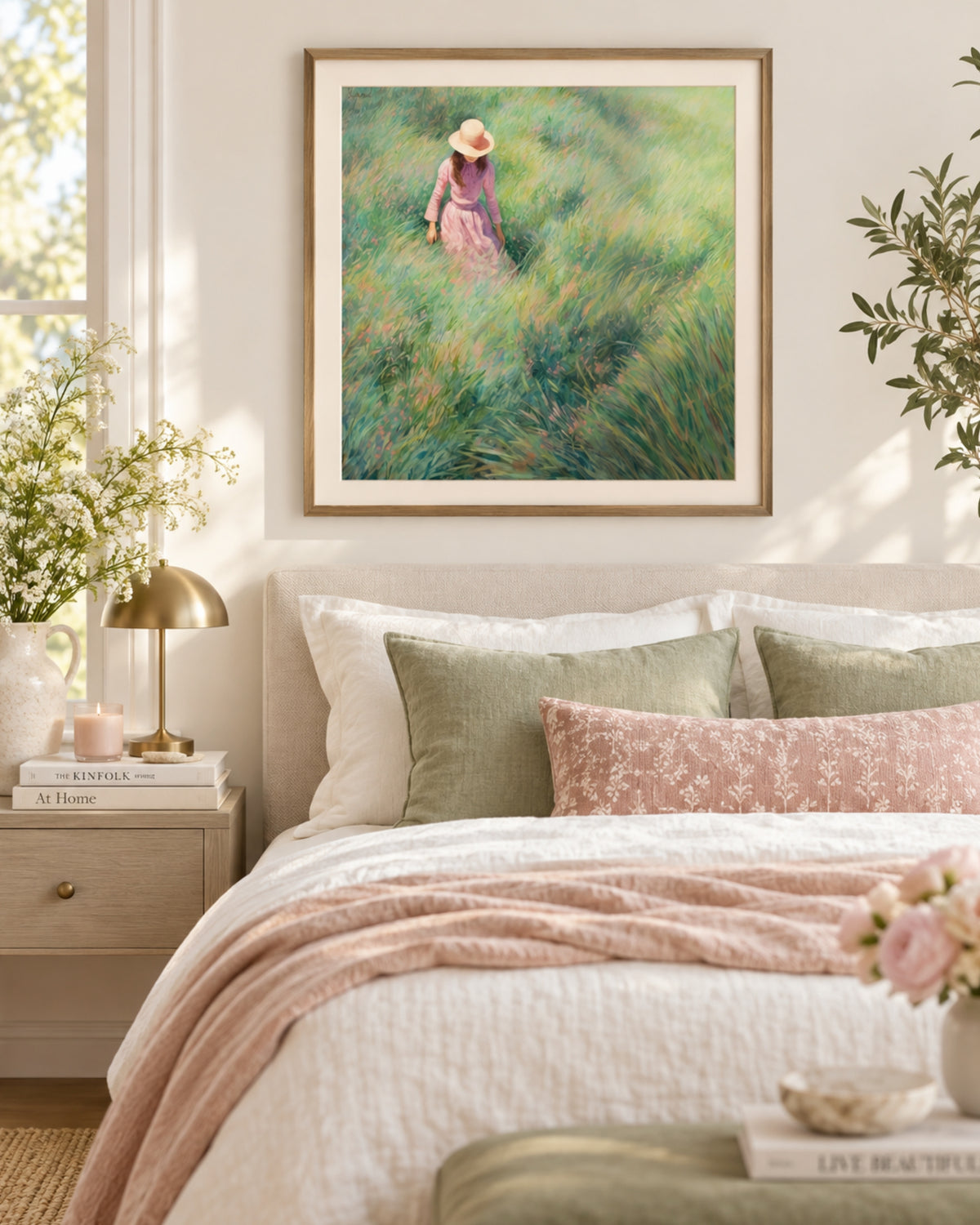 Girl in Meadow Art Print, Green Landscape Wall Art, Woman in Field Painting, Pastoral Spring Print, Feminine Square Wall Decor