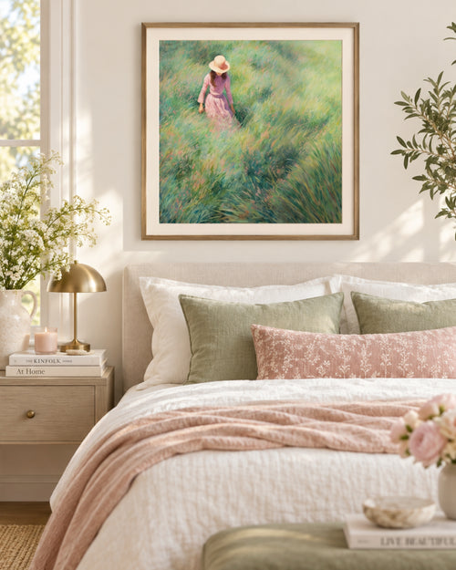 Girl in Meadow Art Print, Green Landscape Wall Art, Woman in Field Painting, Pastoral Spring Print, Feminine Square Wall Decor