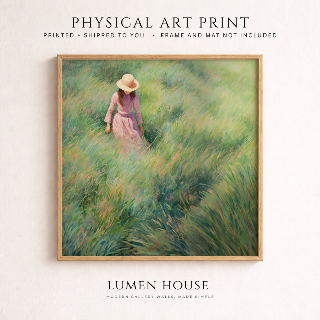 Girl in Meadow Art Print, Green Landscape Wall Art, Woman in Field Painting, Pastoral Spring Print, Feminine Square Wall Decor