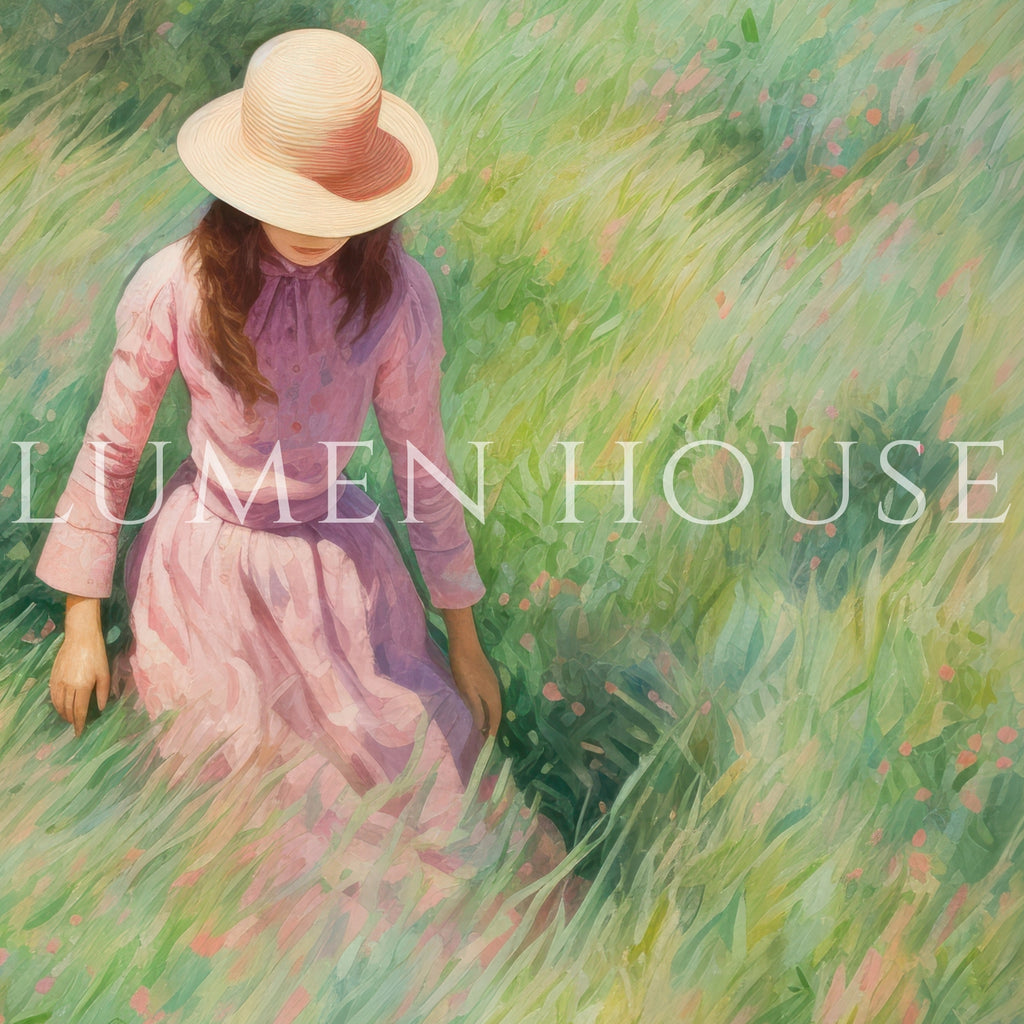 Girl in Meadow Art Print, Green Landscape Wall Art, Woman in Field Painting, Pastoral Spring Print, Feminine Square Wall Decor