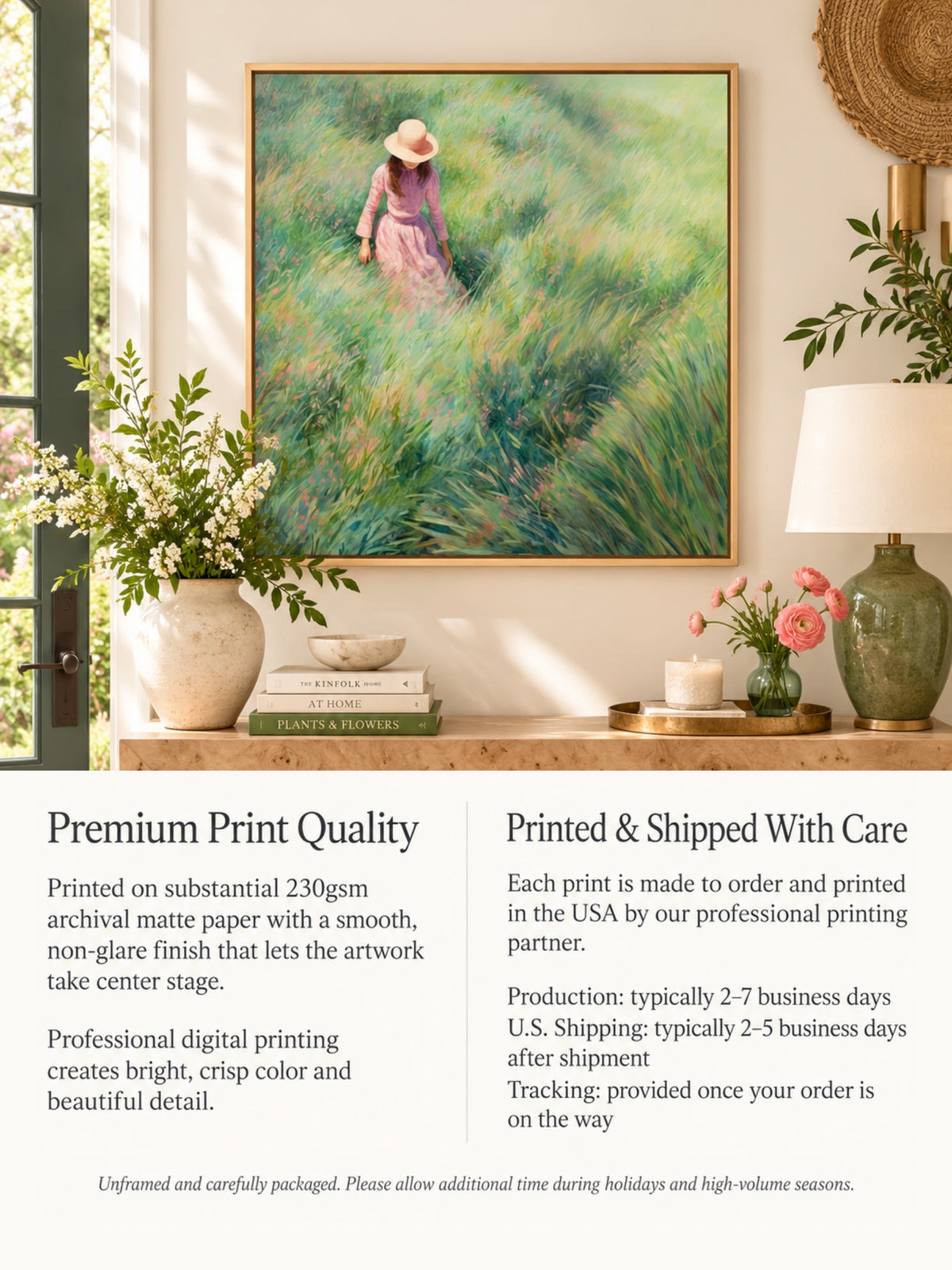 Girl in Meadow Art Print, Green Landscape Wall Art, Woman in Field Painting, Pastoral Spring Print, Feminine Square Wall Decor
