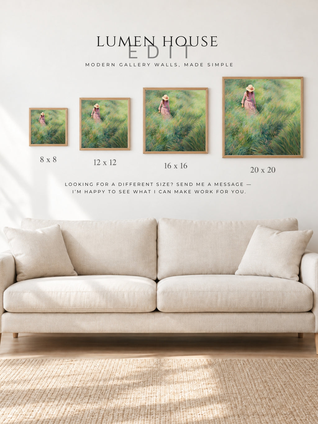 Girl in Meadow Art Print, Green Landscape Wall Art, Woman in Field Painting, Pastoral Spring Print, Feminine Square Wall Decor