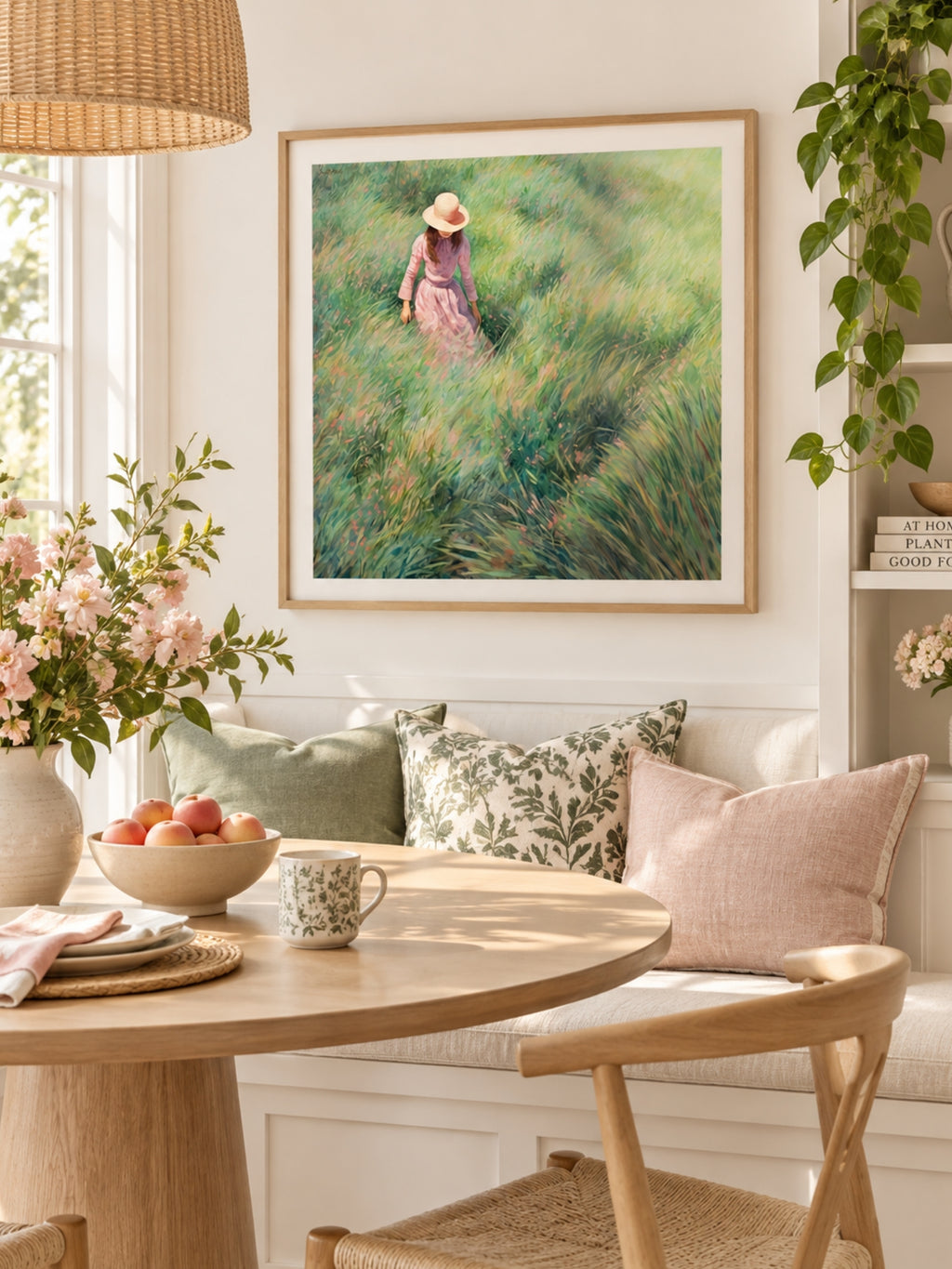 Girl in Meadow Art Print, Green Landscape Wall Art, Woman in Field Painting, Pastoral Spring Print, Feminine Square Wall Decor