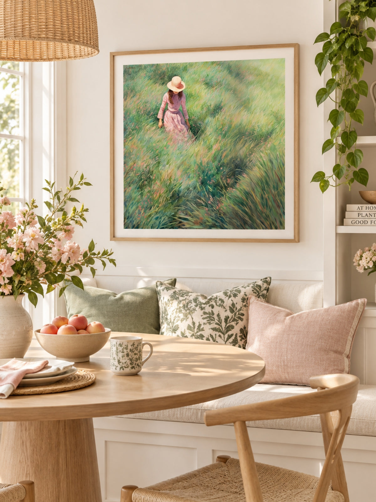 Girl in Meadow Art Print, Green Landscape Wall Art, Woman in Field Painting, Pastoral Spring Print, Feminine Square Wall Decor